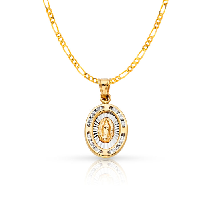 14K Gold Guadalupe CZ Pendant with 2mm Figaro 3+1 Chain