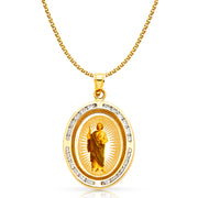 14K Gold St. Jude CZ Pendant with 1.5mm Flat Open Wheat Chain