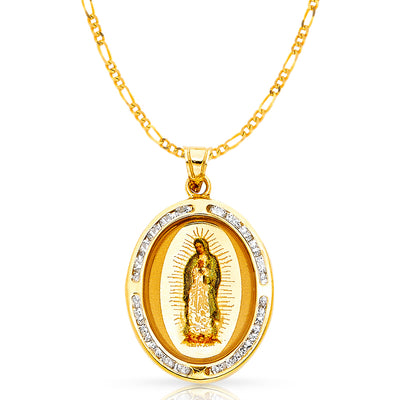 14K Gold Guadalupe CZ Pendant with 2.3mm Figaro 3+1 Chain