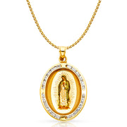 14K Gold Guadalupe CZ Pendant with 1.5mm Flat Open Wheat Chain