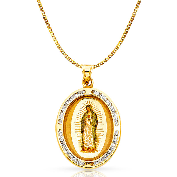 14K Gold Guadalupe CZ Pendant with 1.5mm Flat Open Wheat Chain