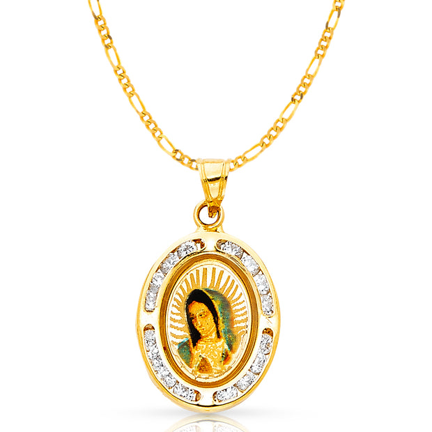 14K Gold Guadalupe CZ Pendant with 2mm Figaro 3+1 Chain