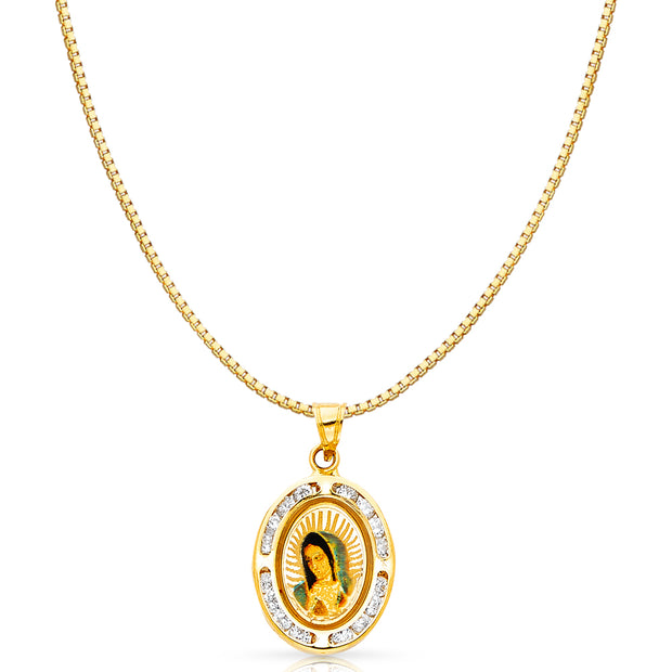 14K Gold Guadalupe CZ Religious Charm Pendant with 0.8mm Box Chain Necklace