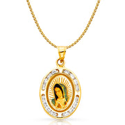 14K Gold Guadalupe CZ Pendant with 1.2mm Flat Open Wheat Chain