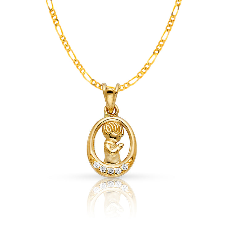 14K Gold CZ Boy Prayer Pendant with 2mm Figaro 3+1 Chain