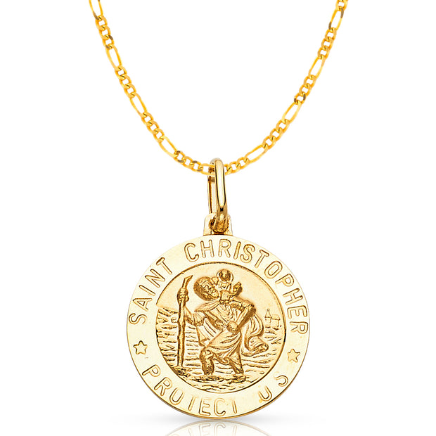 14K Gold St. Christopher Protect Us Pendant with 2.3mm Figaro 3+1 Chain