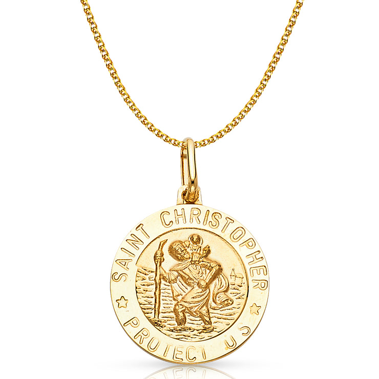 14K Gold St. Christopher Protect Us Pendant with 1.7mm Flat Open Wheat Chain