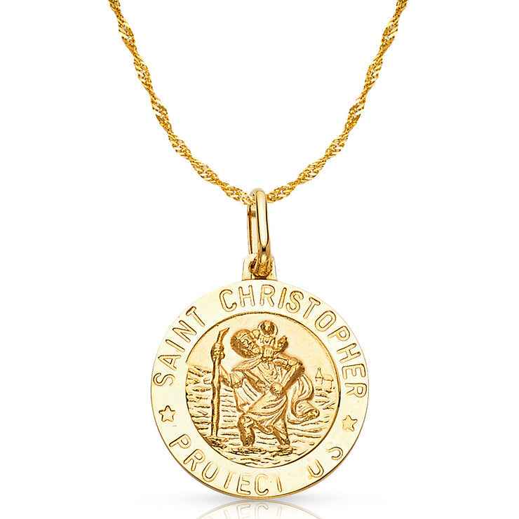 14K Gold St. Christopher Protect Us Pendant with 1.2mm Singapore Chain