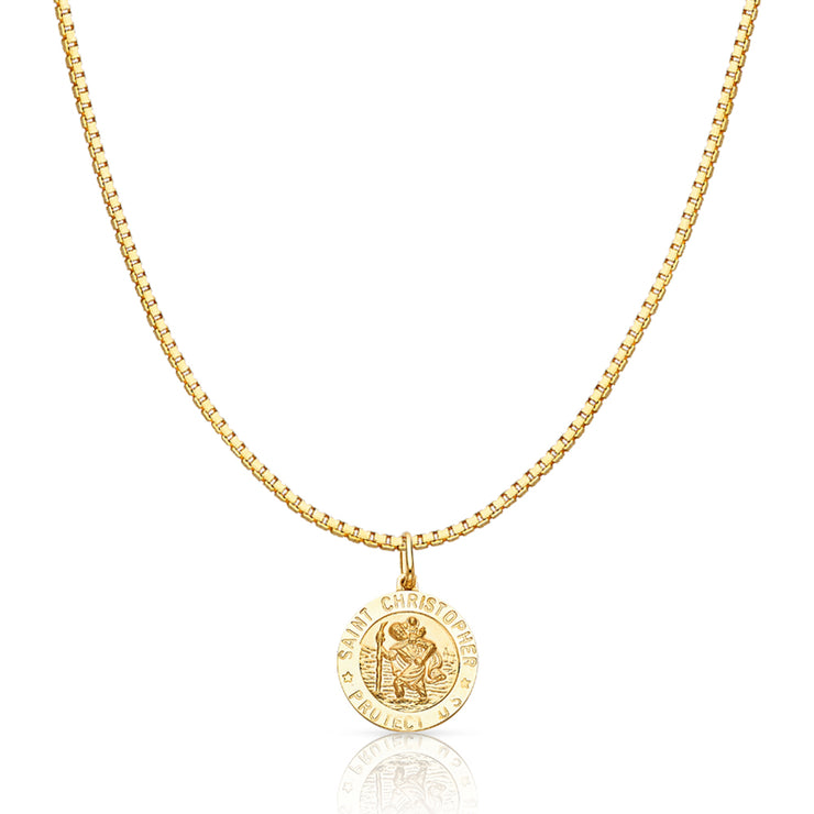 14K Gold St. Christopher Protect Us Religious Charm Pendant with 1.2mm Box Chain Necklace