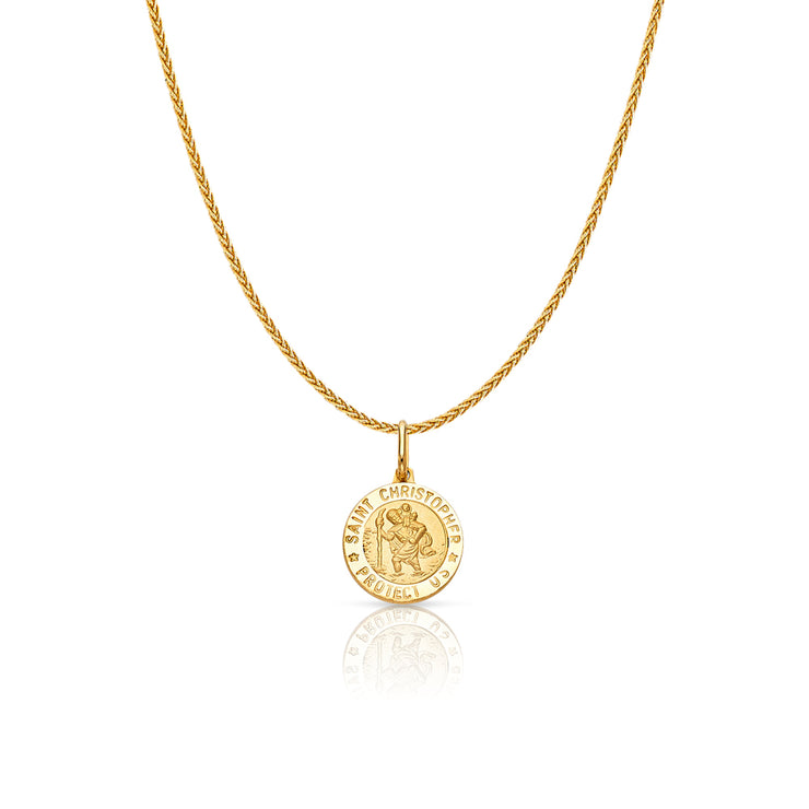 14K Gold St. Christopher Protect Us Charm Pendant with 1.1mm Wheat Chain Necklace