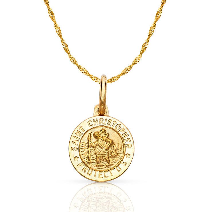 14K Gold St. Christopher Protect Us Pendant with 0.9mm Singapore Chain