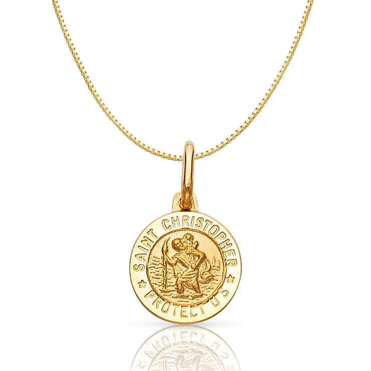 14K Gold St. Christopher Protect Us Religious Charm Pendant with 0.8mm Box Chain Necklace