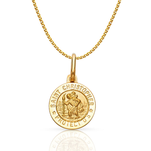 14K Gold St. Christopher Protect Us Pendant with 1.2mm Flat Open Wheat Chain