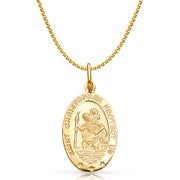 14K Gold St. Christopher Protect Us Pendant with 1.7mm Flat Open Wheat Chain