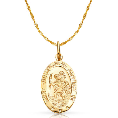 14K Gold St. Christopher Protect Us Pendant with 1.2mm Singapore Chain