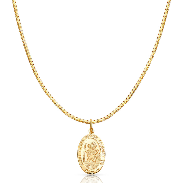 14K Gold St. Christopher Protect Us Religious Charm Pendant with 1.2mm Box Chain Necklace