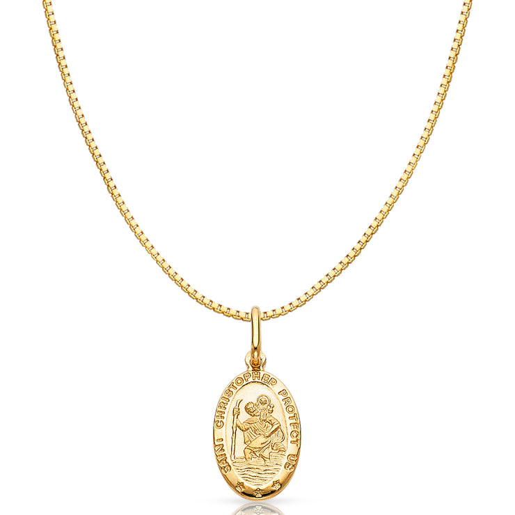 14K Gold St. Christopher Protect Us Religious Charm Pendant with 0.8mm Box Chain Necklace