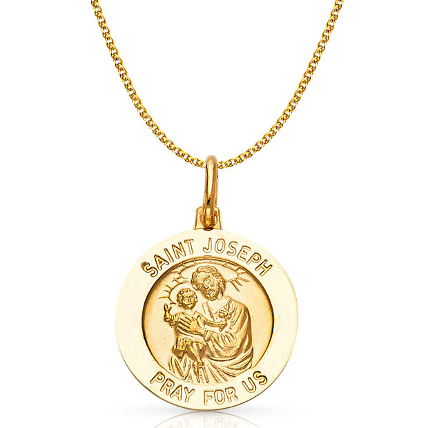 14K Gold St. Joseph Pray For Us Pendant with 1.5mm Flat Open Wheat Chain