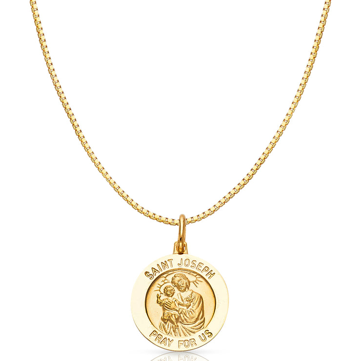 14K Gold St. Joseph Pray For Us Religious Charm Pendant with 0.8mm Box Chain Necklace