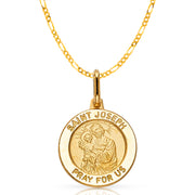 14K Gold St. Joseph Pray For Us Pendant with 2mm Figaro 3+1 Chain