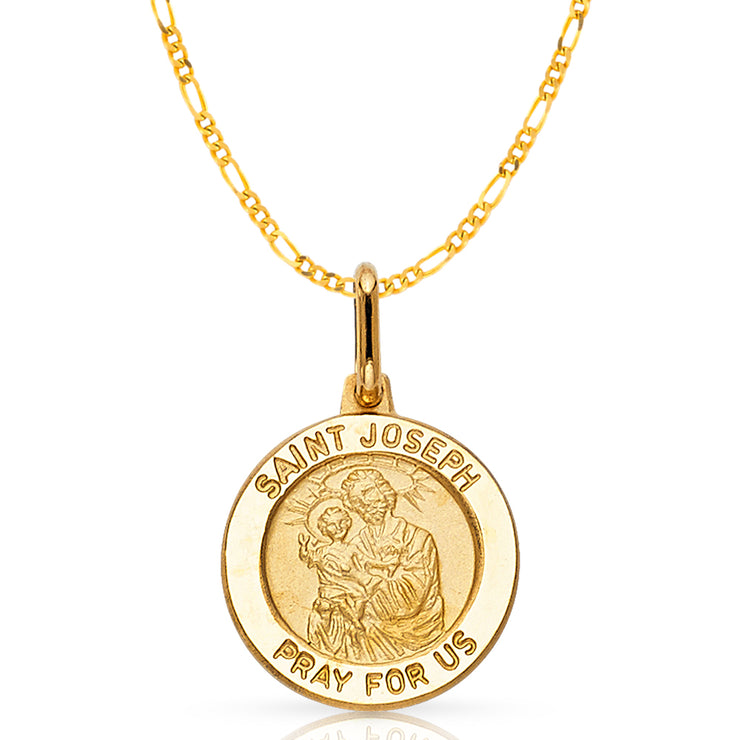 14K Gold St. Joseph Pray For Us Pendant with 2mm Figaro 3+1 Chain