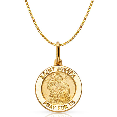 14K Gold St. Joseph Pray For Us Pendant with 1.2mm Flat Open Wheat Chain