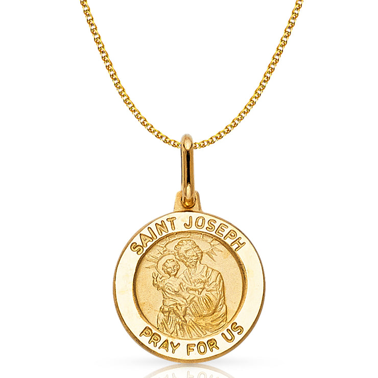 14K Gold St. Joseph Pray For Us Pendant with 1.2mm Flat Open Wheat Chain