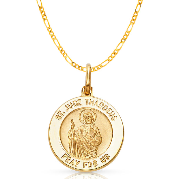 14K Gold St. Jude Thaddeus Pray For Us Pendant with 2.3mm Figaro 3+1 Chain