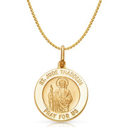 14K Gold St. Jude Thaddeus Pray For Us Pendant with 1.5mm Flat Open Wheat Chain