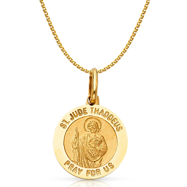 14K Gold St. Jude Thaddeus Pray For Us Pendant with 1.2mm Flat Open Wheat Chain