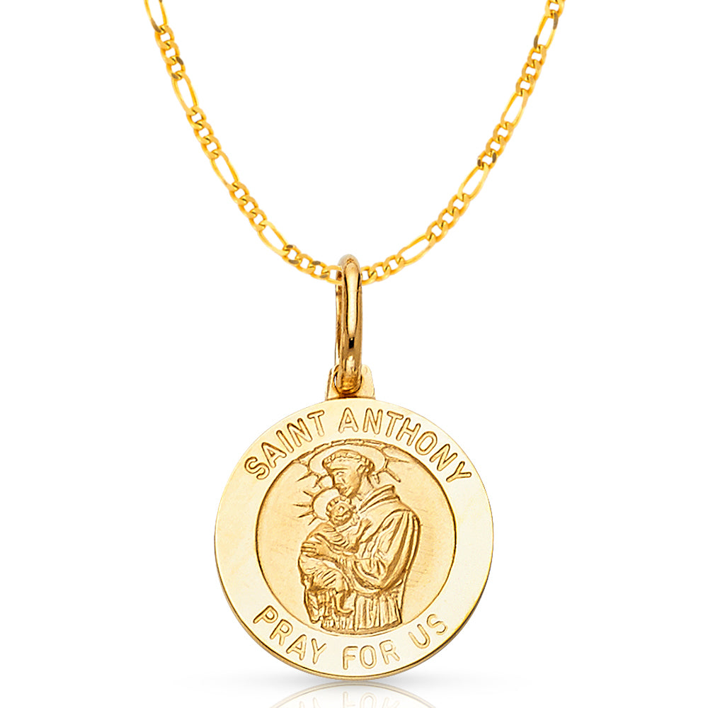 14K Gold St. Anthony Pray For Us Pendant with 2mm Figaro 3+1 Chain