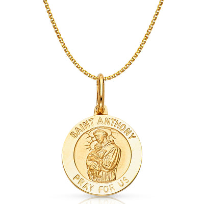 14K Gold St. Anthony Pray For Us Pendant with 1.2mm Flat Open Wheat Chain