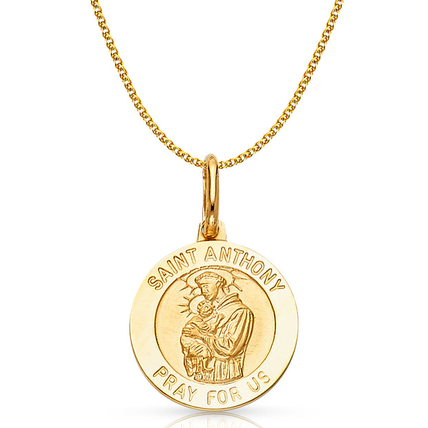 14K Gold St. Anthony Pray For Us Pendant with 1.2mm Flat Open Wheat Chain