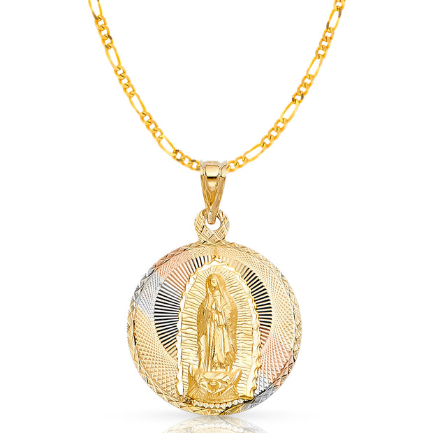 14K Gold Guadalupe Stamp Pendant with 3.1mm Figaro 3+1 Chain