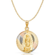 14K Gold Guadalupe Stamp Pendant with 3.4mm Hollow Cuban Chain