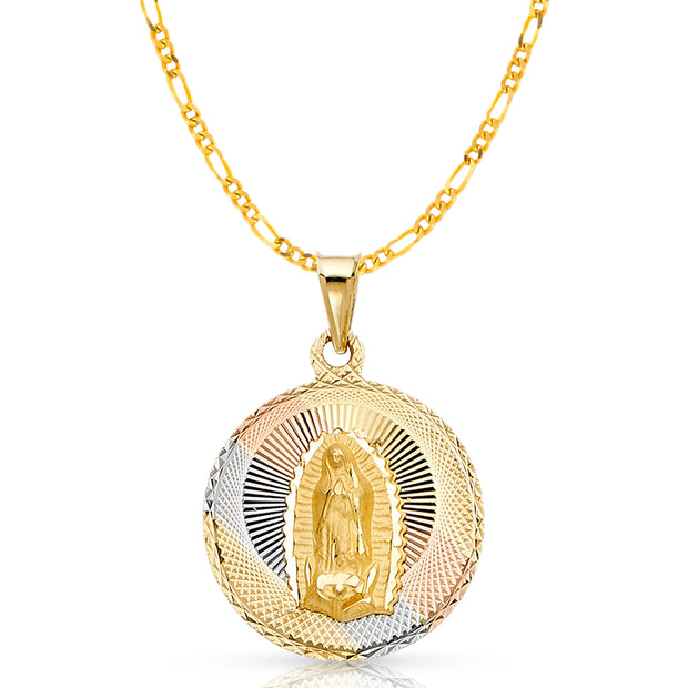 14K Gold Guadalupe Stamp Pendant with 3.1mm Figaro 3+1 Chain