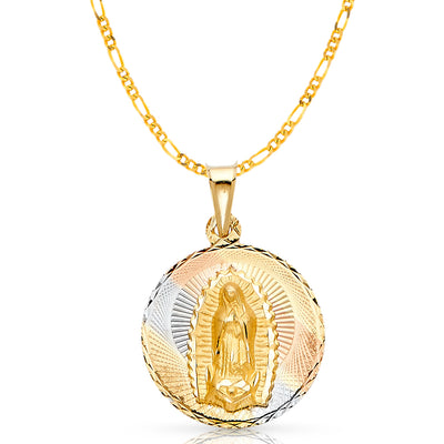 14K Gold Guadalupe Stamp Pendant with 2.3mm Figaro 3+1 Chain