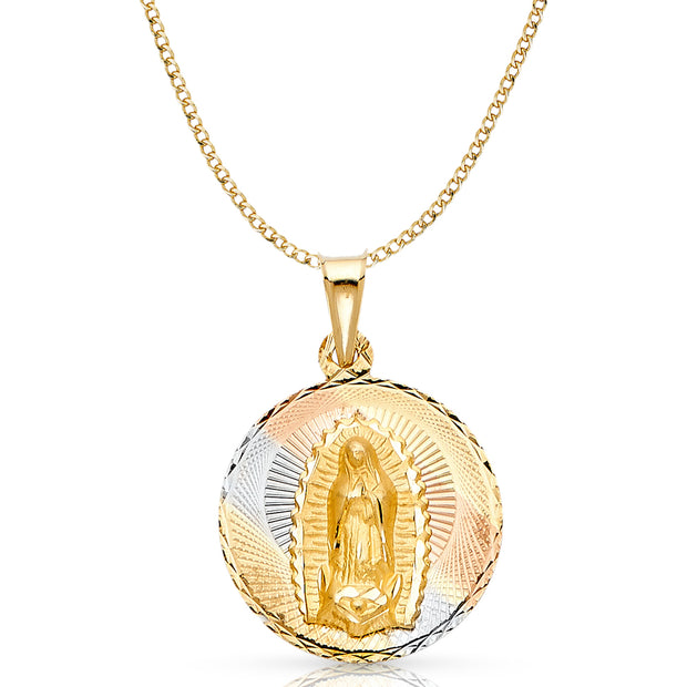 14K Gold Guadalupe Stamp Pendant with 3.4mm Hollow Cuban Chain