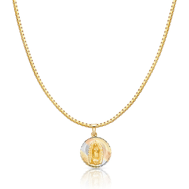 14K Gold Diamond Cut Guadalupe Stamp Religious Charm Pendant with 1.2mm Box Chain Necklace