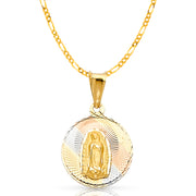 14K Gold Guadalupe Stamp Pendant with 2mm Figaro 3+1 Chain