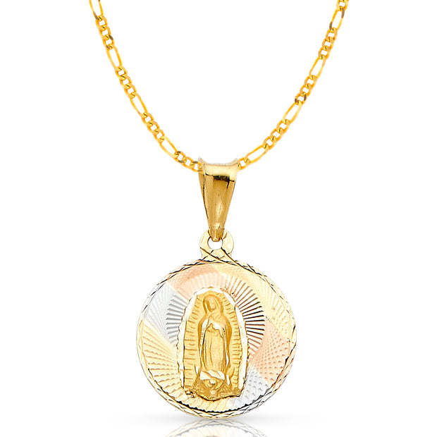 14K Gold Guadalupe Stamp Pendant with 2mm Figaro 3+1 Chain