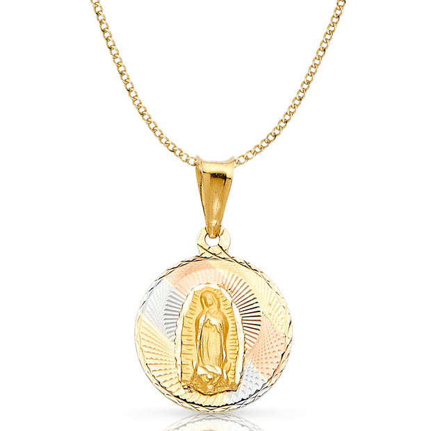 14K Gold Guadalupe Stamp Pendant with 2.3mm Hollow Cuban Chain