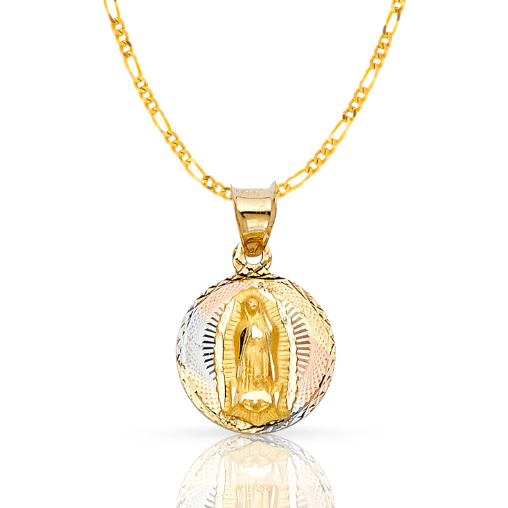 14K Gold Guadalupe Stamp Pendant with 1.6mm Figaro 3+1 Chain