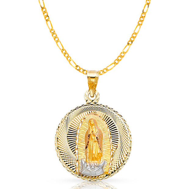 14K Gold Guadalupe Stamp Pendant with 3.1mm Figaro 3+1 Chain