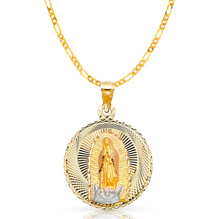 14K Gold Guadalupe Stamp Pendant with 3.1mm Figaro 3+1 Chain