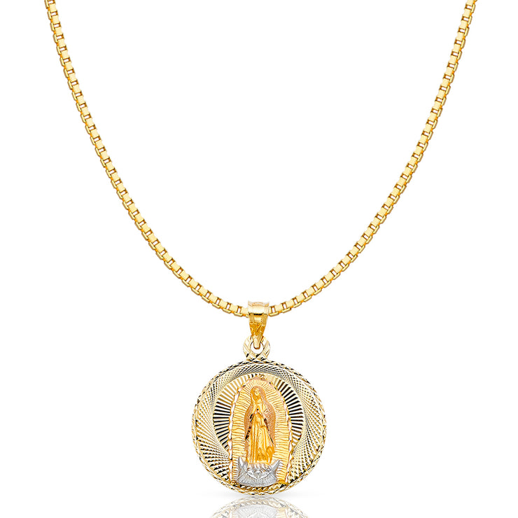 14K Gold Diamond Cut Guadalupe Stamp Religious Charm Pendant with 1.2mm Box Chain Necklace