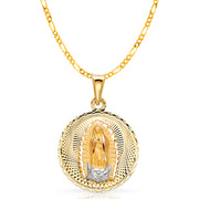 14K Gold Guadalupe Stamp Pendant with 2.3mm Figaro 3+1 Chain