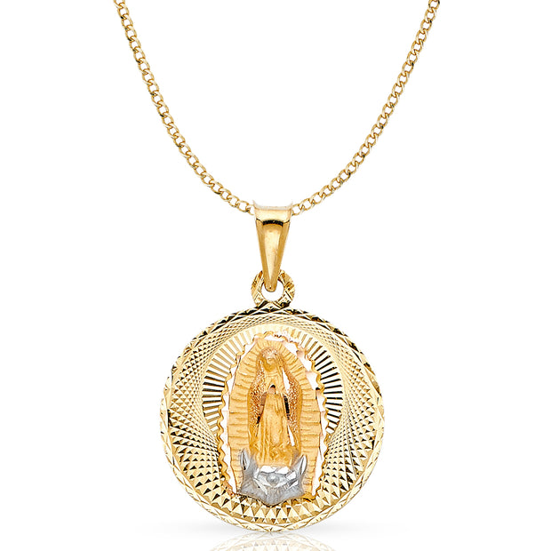 14K Gold Guadalupe Stamp Pendant with 3.4mm Hollow Cuban Chain