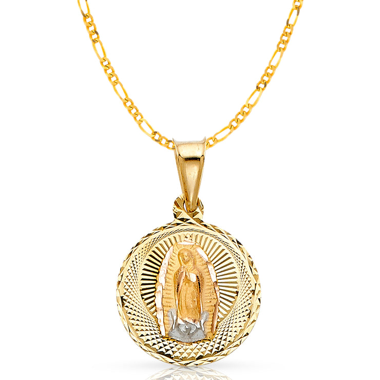 14K Gold Guadalupe Stamp Pendant with 2mm Figaro 3+1 Chain