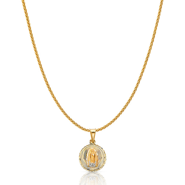 14K Gold Diamond Cut Guadalupe Stamp Charm Pendant with 1.1mm Wheat Chain Necklace